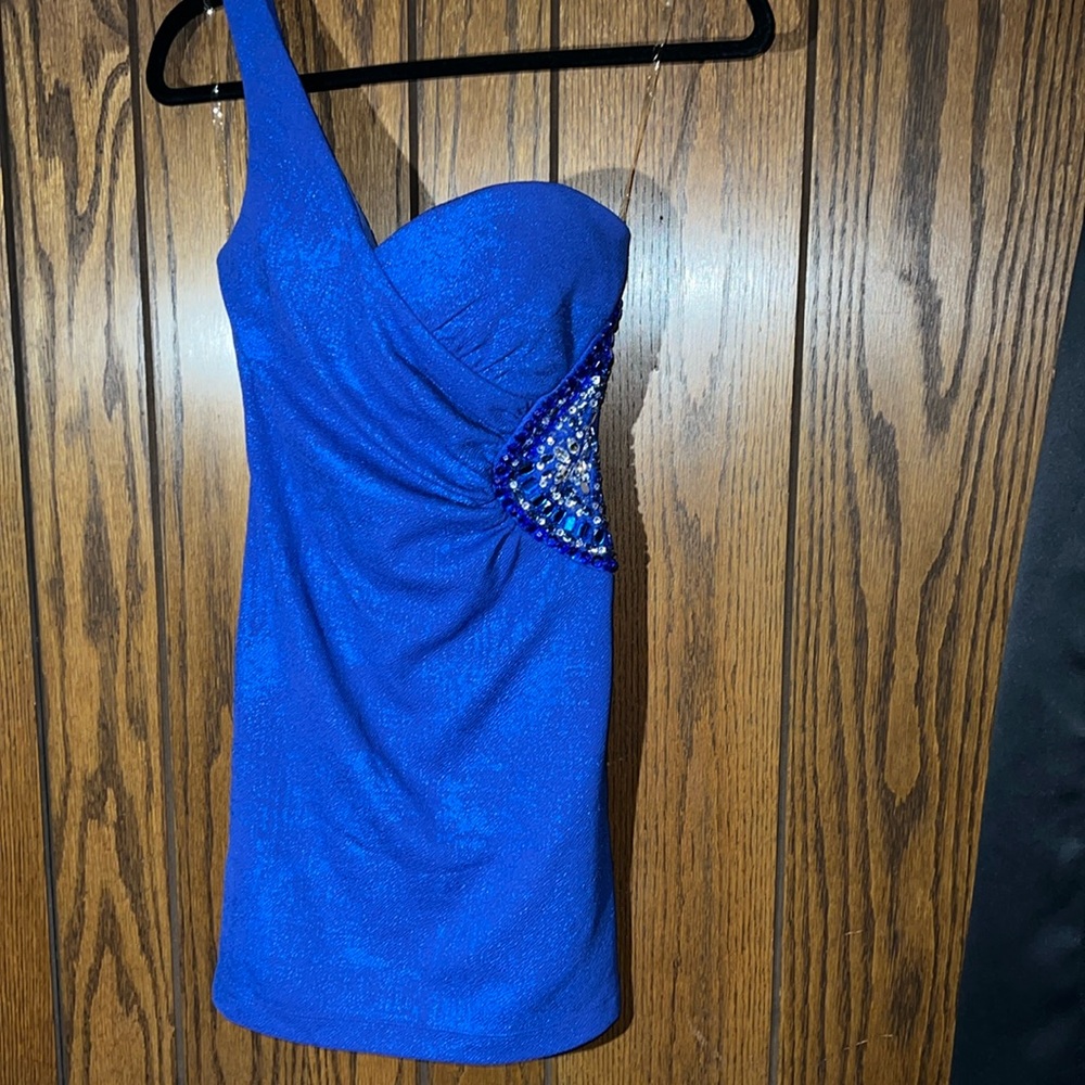 Blue rhinestone side-one shoulder mini dress